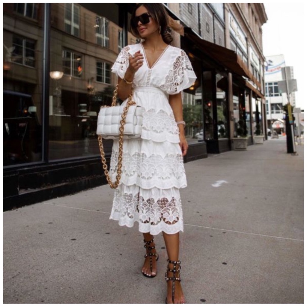FARM Rio Off White Richelieu Tiered Midi Dress FARM Rio Off White Richelieu Tiered Midi Dress